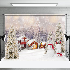 Aperturee - Aperturee Red Cabin Snowman Snowy Christmas Trees Backdrop