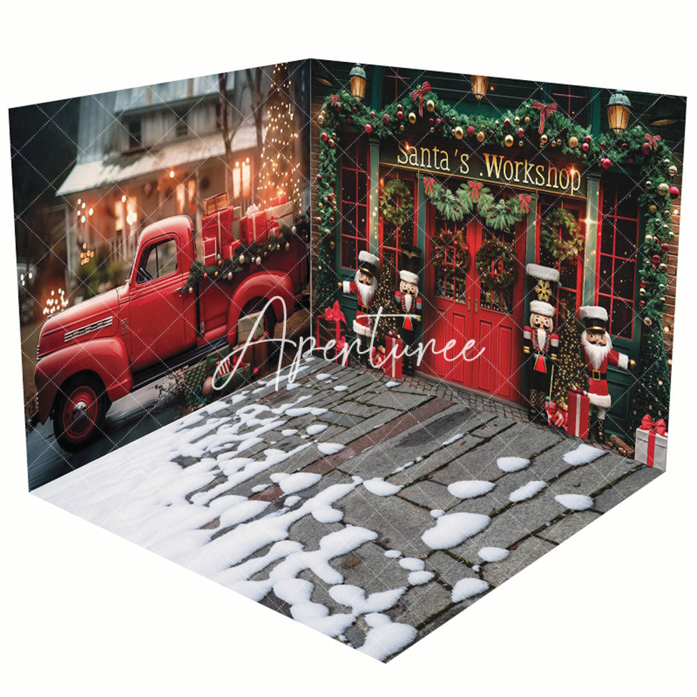 Aperturee - Aperturee Red Car Santa Workshop Christmas Room Set Backdrop