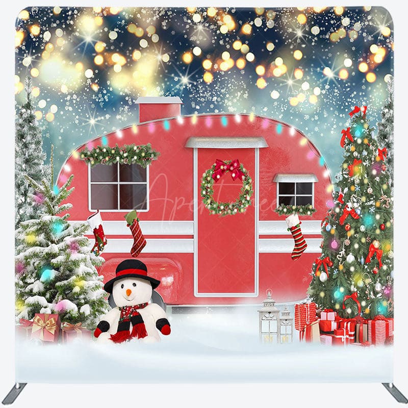 Aperturee - Aperturee Red Car Snowman Christmas Tree Tension Fabric Backdrop