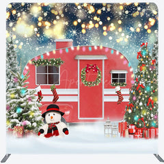 Aperturee - Aperturee Red Car Snowman Christmas Tree Tension Fabric Backdrop