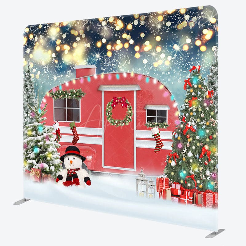 Aperturee - Aperturee Red Car Snowman Christmas Tree Tension Fabric Backdrop