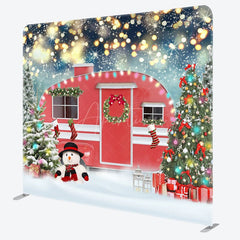 Aperturee - Aperturee Red Car Snowman Christmas Tree Tension Fabric Backdrop