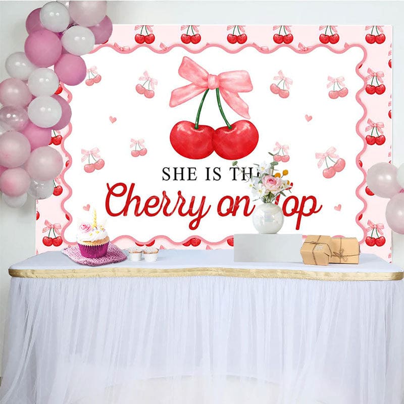 Aperturee - Aperturee Red Cherry On Top Pink Bow Gender Reveal Backdrop