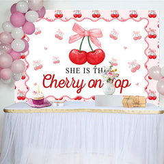 Aperturee - Aperturee Red Cherry On Top Pink Bow Gender Reveal Backdrop