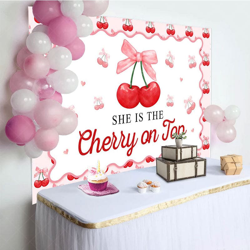 Aperturee - Aperturee Red Cherry On Top Pink Bow Gender Reveal Backdrop