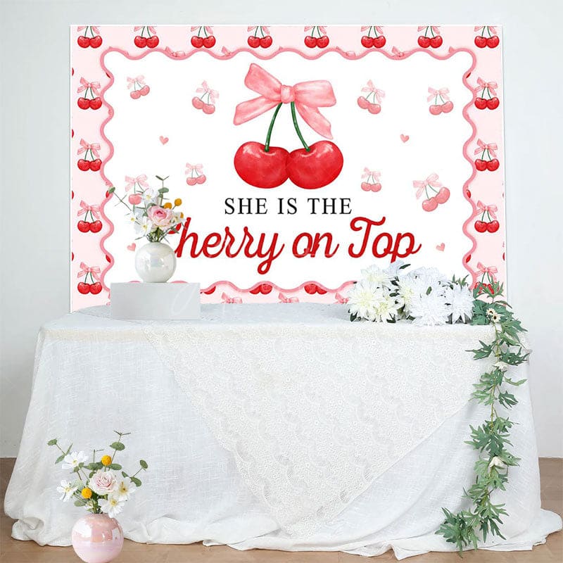 Aperturee - Aperturee Red Cherry On Top Pink Bow Gender Reveal Backdrop