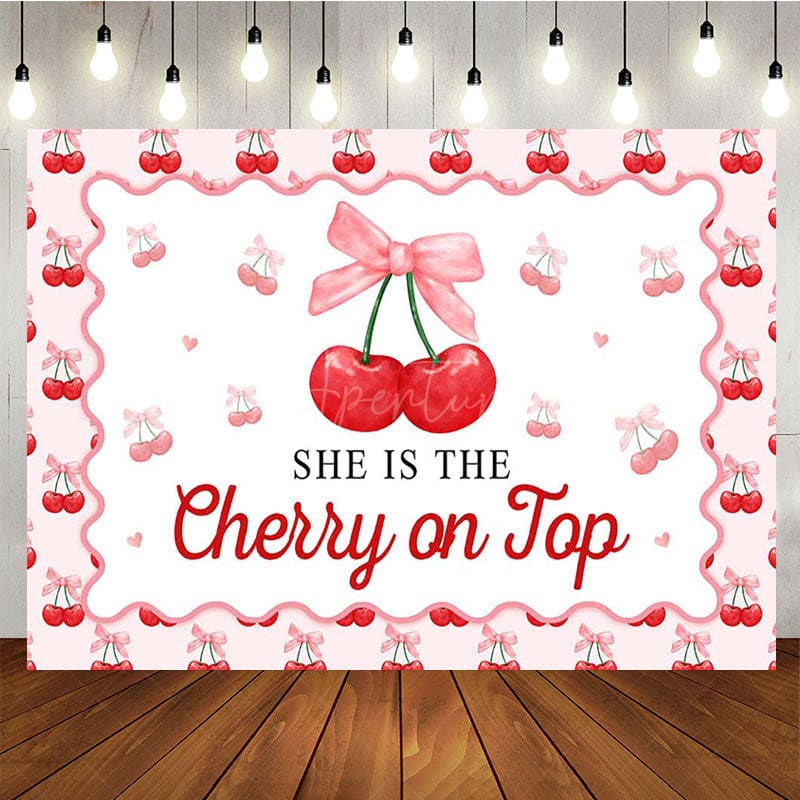 Aperturee - Aperturee Red Cherry On Top Pink Bow Gender Reveal Backdrop