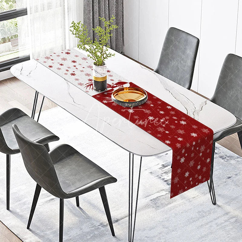 Aperturee - Aperturee Red Christmas Reindeer and Snowflake Table Runner Simple Holiday Design for Festive Dining Decor