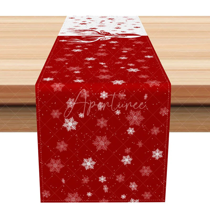 Aperturee - Aperturee Red Christmas Reindeer and Snowflake Table Runner Simple Holiday Design for Festive Dining Decor