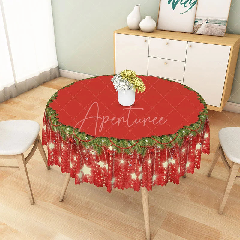 Aperturee - Aperturee Red Christmas Round Tablecloth with Sparkling Star Border Simple and Elegant Holiday Dining Table Decor