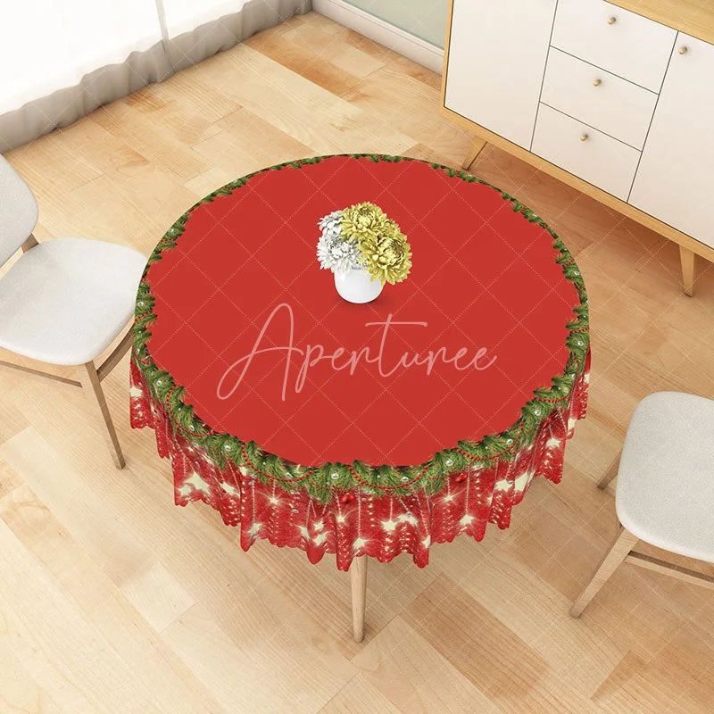 Aperturee - Aperturee Red Christmas Round Tablecloth with Sparkling Star Border Simple and Elegant Holiday Dining Table Decor