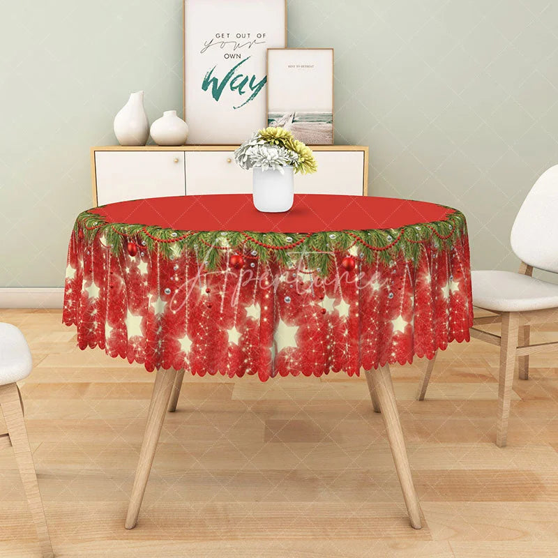 Aperturee - Aperturee Red Christmas Round Tablecloth with Sparkling Star Border Simple and Elegant Holiday Dining Table Decor