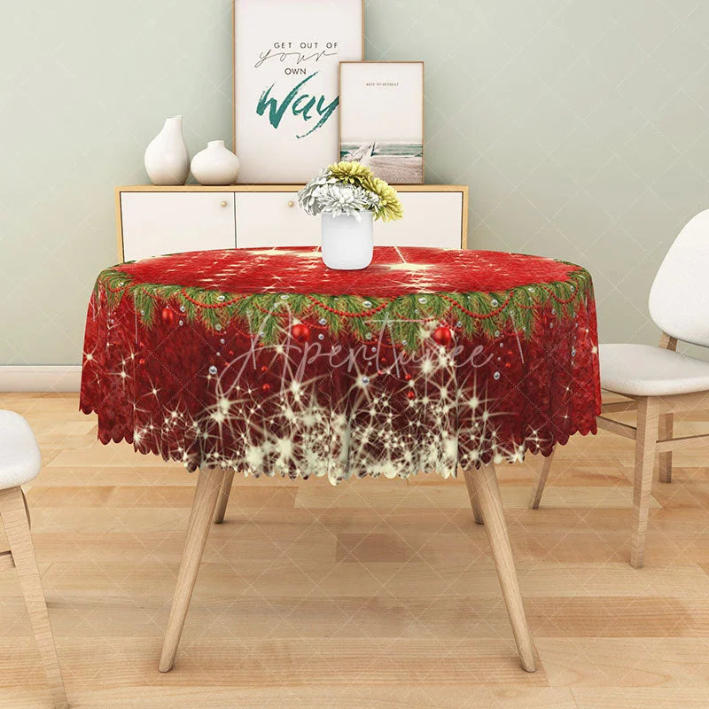 Aperturee - Aperturee Red Christmas Round Tablecloth with Sparkling Stars and Garland Border Festive Holiday Dining Table Decor