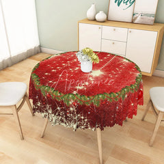 Aperturee - Aperturee Red Christmas Round Tablecloth with Sparkling Stars and Garland Border Festive Holiday Dining Table Decor