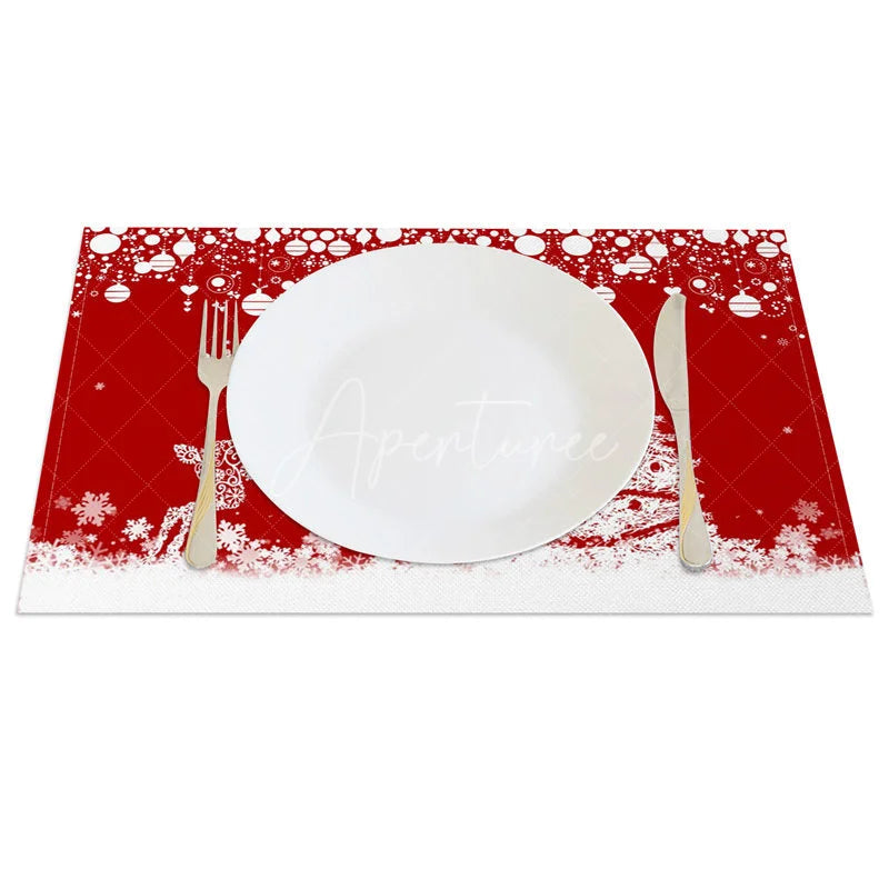 Aperturee - Aperturee Red Christmas Set of 4 Placemats White Lace Reindeer Xmas Tree Winter Holiday Table Mats Decor