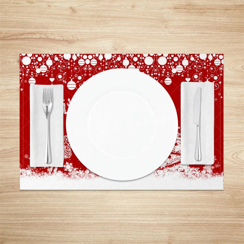 Aperturee - Aperturee Red Christmas Set of 4 Placemats White Lace Reindeer Xmas Tree Winter Holiday Table Mats Decor