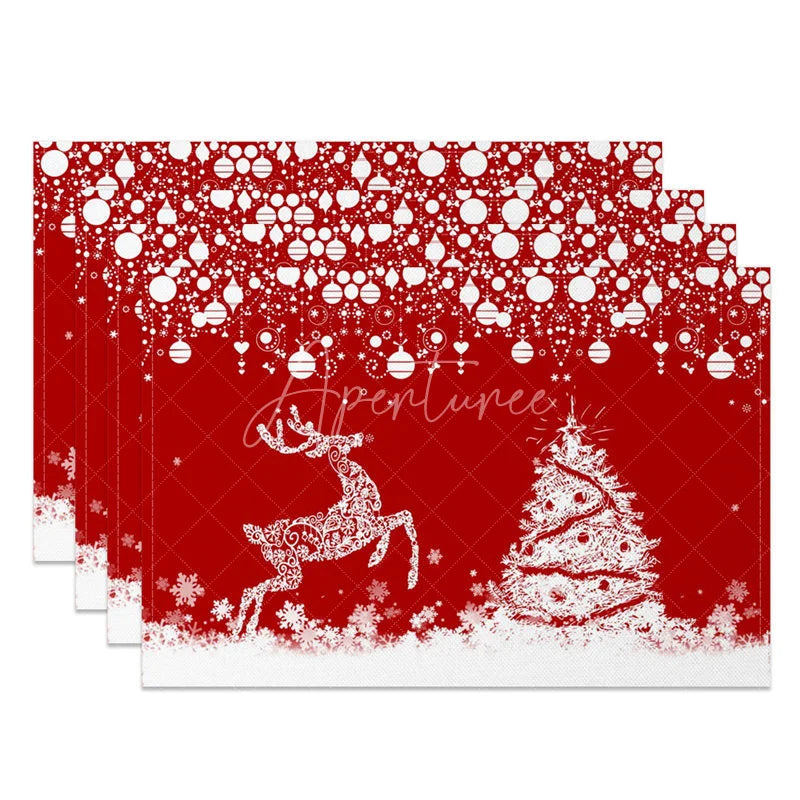 Aperturee - Aperturee Red Christmas Set of 4 Placemats White Lace Reindeer Xmas Tree Winter Holiday Table Mats Decor