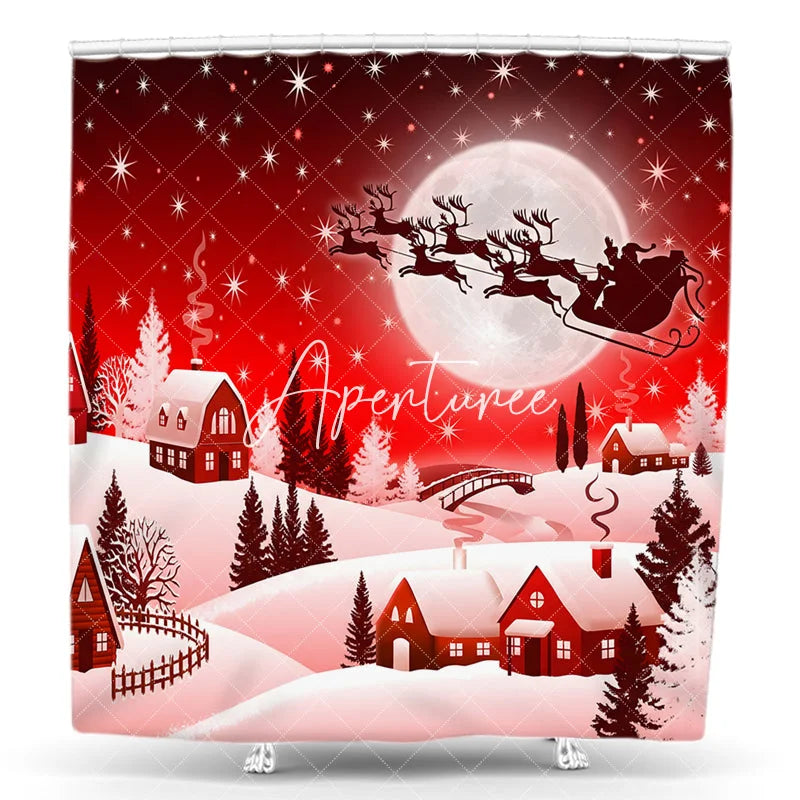 Aperturee - Aperturee Red Christmas Snowy Village Shower Curtain with Santa Claus and Reindeer Sleigh Winter Holiday Decor