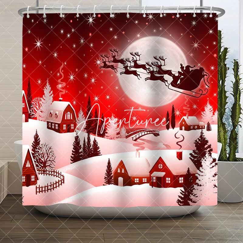 Aperturee - Aperturee Red Christmas Snowy Village Shower Curtain with Santa Claus and Reindeer Sleigh Winter Holiday Decor