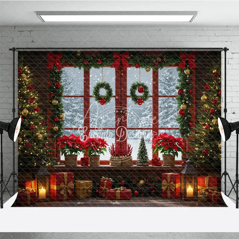 Aperturee - Aperturee Red Christmas Window Photography Backdrop Poinsettias and Wreaths with Snowy View Cozy Holiday Photo Background