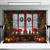Aperturee - Aperturee Red Christmas Window Photography Backdrop Poinsettias and Wreaths with Snowy View Cozy Holiday Photo Background