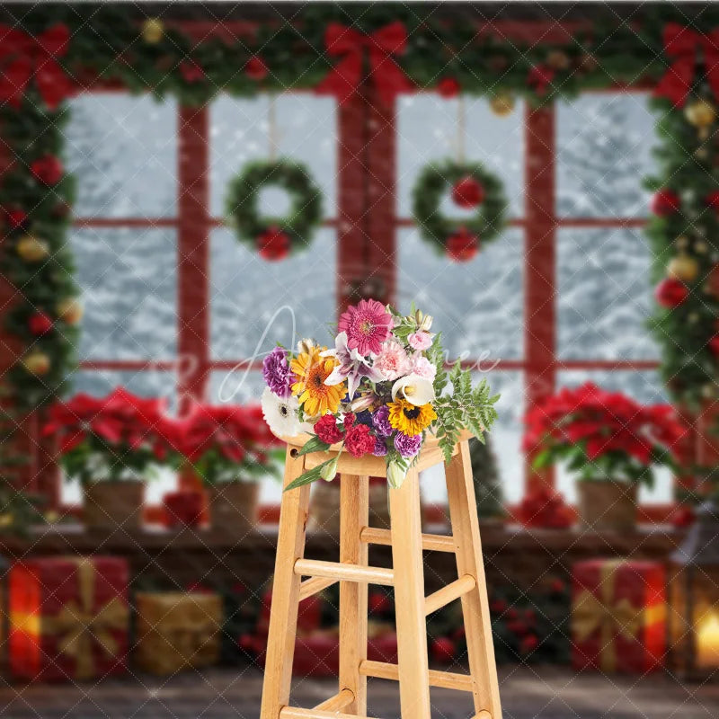 Aperturee - Aperturee Red Christmas Window Photography Backdrop Poinsettias and Wreaths with Snowy View Cozy Holiday Photo Background