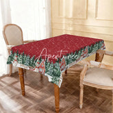 Aperturee - Aperturee Red Christmas Winter Wonderland Rectangle Tablecloth with Snowmen Pine Trees and Cabins Snowflake Decor