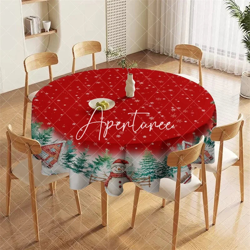 Aperturee - Aperturee Red Christmas Winter Wonderland Round Tablecloth featuring Snowflakes Pine Trees Houses and Snowmen Decor