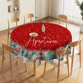 Aperturee - Aperturee Red Christmas Winter Wonderland Round Tablecloth featuring Snowflakes Pine Trees Houses and Snowmen Decor