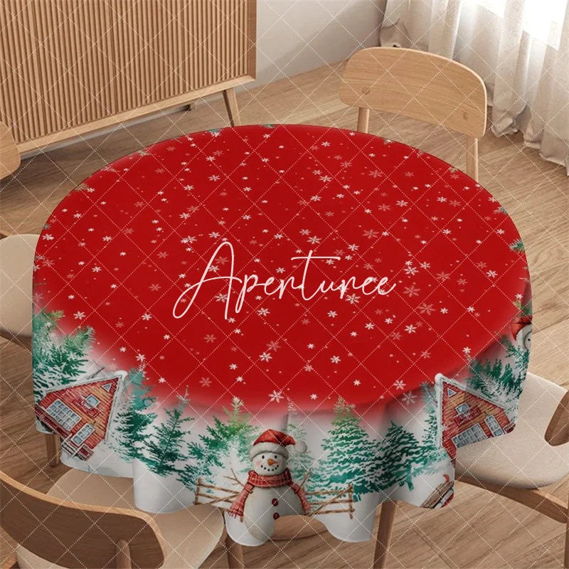 Aperturee - Aperturee Red Christmas Winter Wonderland Round Tablecloth featuring Snowflakes Pine Trees Houses and Snowmen Decor