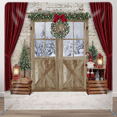 Aperturee - Aperturee Red Curtain And Wood Fabric Backdrop Cover for Christmas