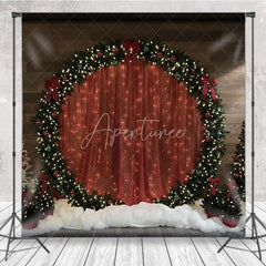 Aperturee - Aperturee Red Curtain Christmas Backdrop Round Wreath Arch Photography Background Winter Snow Floor Holiday Party Decoration