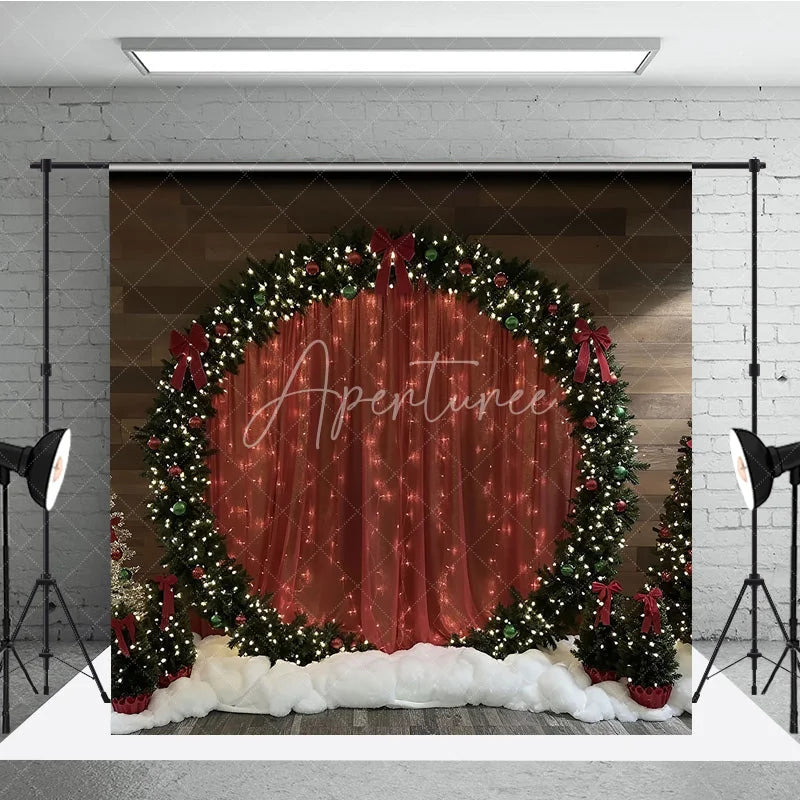 Aperturee - Aperturee Red Curtain Christmas Backdrop Round Wreath Arch Photography Background Winter Snow Floor Holiday Party Decoration