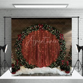Aperturee - Aperturee Red Curtain Christmas Backdrop Round Wreath Arch Photography Background Winter Snow Floor Holiday Party Decoration