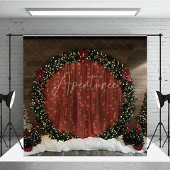 Aperturee - Aperturee Red Curtain Christmas Backdrop Round Wreath Arch Photography Background Winter Snow Floor Holiday Party Decoration
