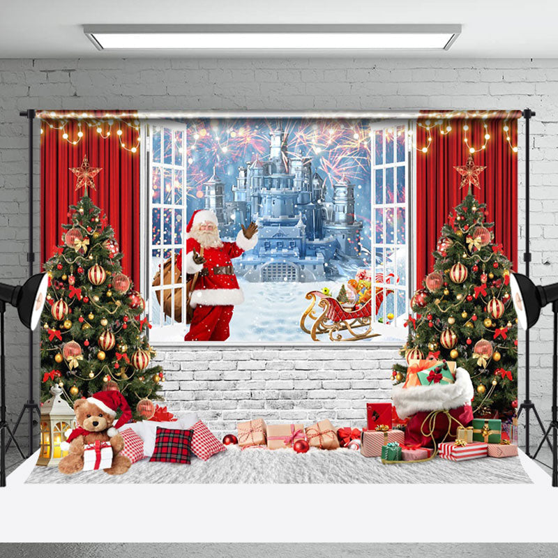Aperturee - Aperturee Red Curtain Frozen Castle Window Christmas Backdrop