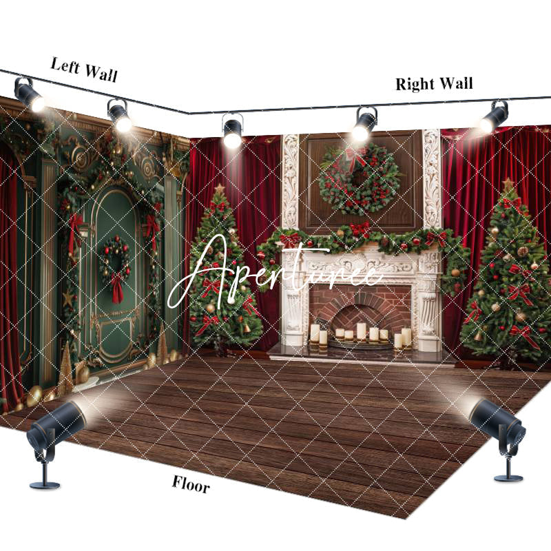 Aperturee - Aperturee Red Curtain Green Wall Christmas Room Set Backdrop