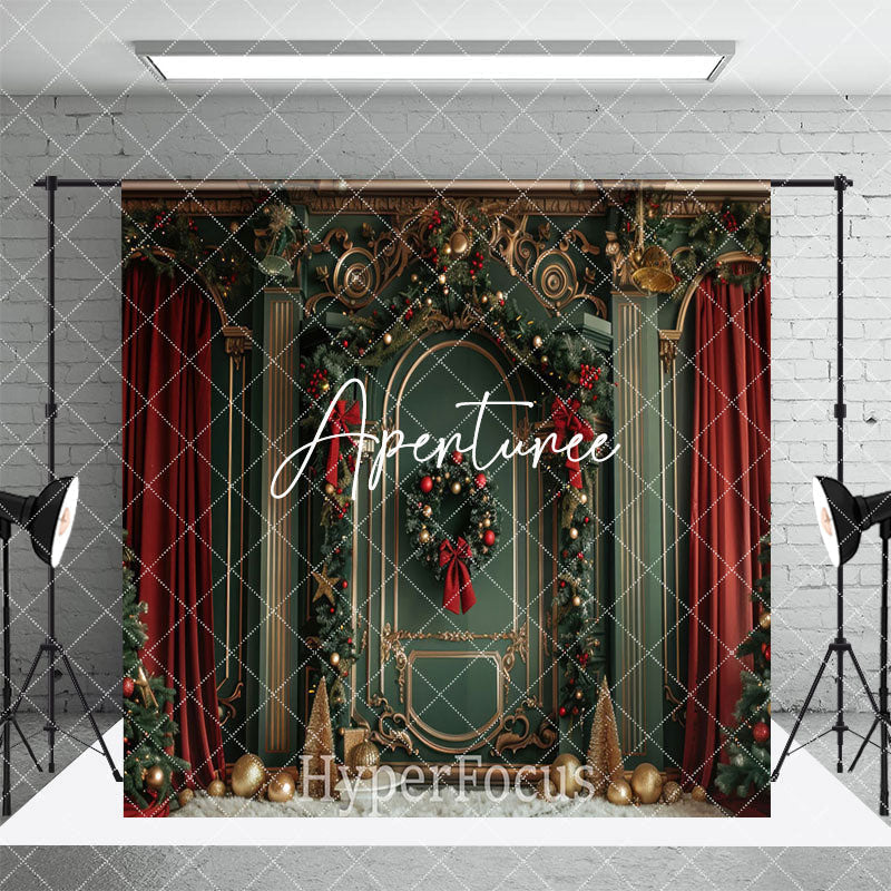 Aperturee - Aperturee Red Curtain Green Wall Christmas Room Set Backdrop