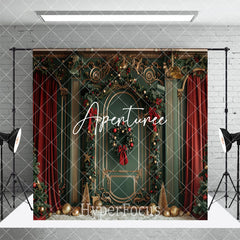 Aperturee - Aperturee Red Curtain Green Wall Christmas Room Set Backdrop