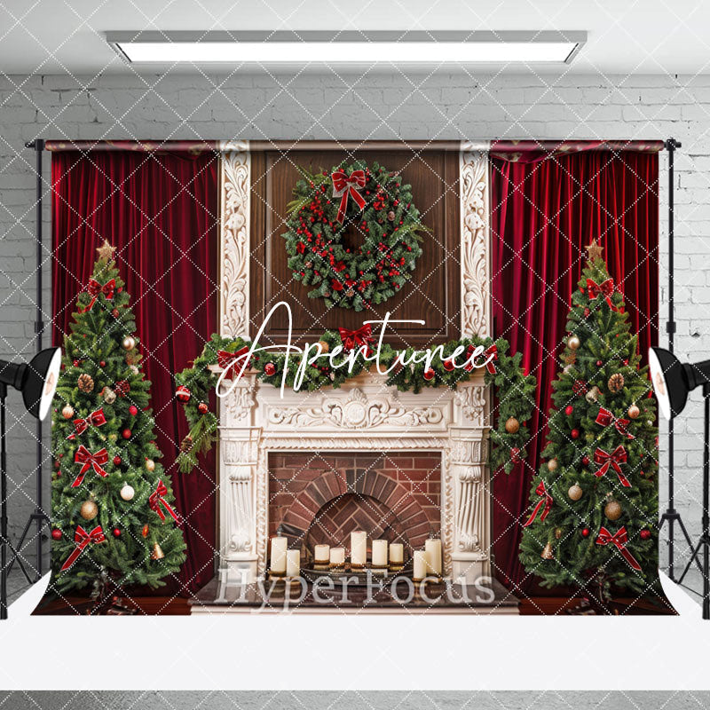 Aperturee - Aperturee Red Curtain Green Wall Christmas Room Set Backdrop