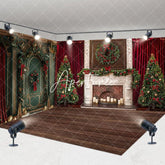 Aperturee - Aperturee Red Curtain Green Wall Christmas Room Set Backdrop