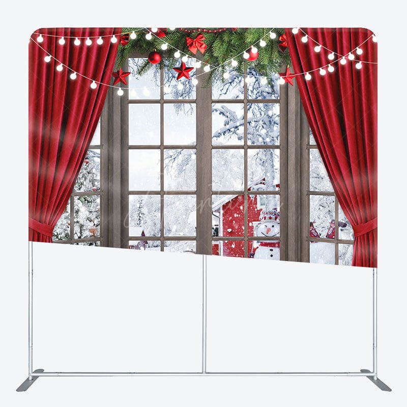 Aperturee - Aperturee Red Curtain Snowman Christmas Tension Fabric Backdrop