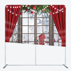 Aperturee - Aperturee Red Curtain Snowman Christmas Tension Fabric Backdrop