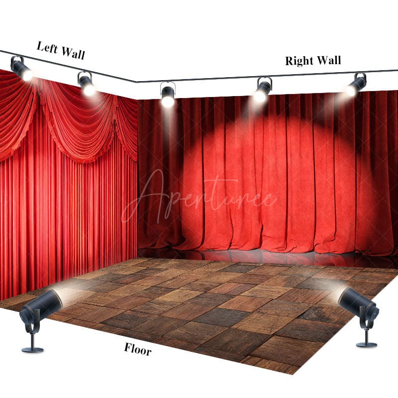 Aperturee - Aperturee Red Curtain Spotlight Stage Photo Room Set Backdrop