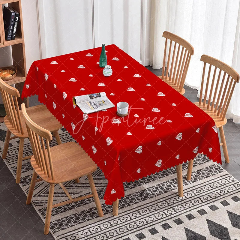 Aperturee - Aperturee Red Doodle Heart Outline Rectangle Tablecloth White Sketchy Love Pattern Romantic Valentine Kitchen Decor