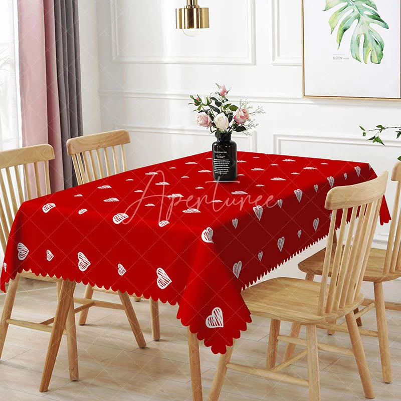 Aperturee - Aperturee Red Doodle Heart Outline Rectangle Tablecloth White Sketchy Love Pattern Romantic Valentine Kitchen Decor