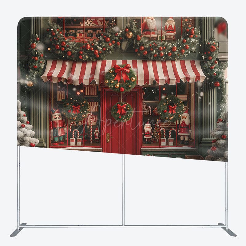 Aperturee - Aperturee Red Door Bell Greenery Christmas Tension Fabric Backdrop