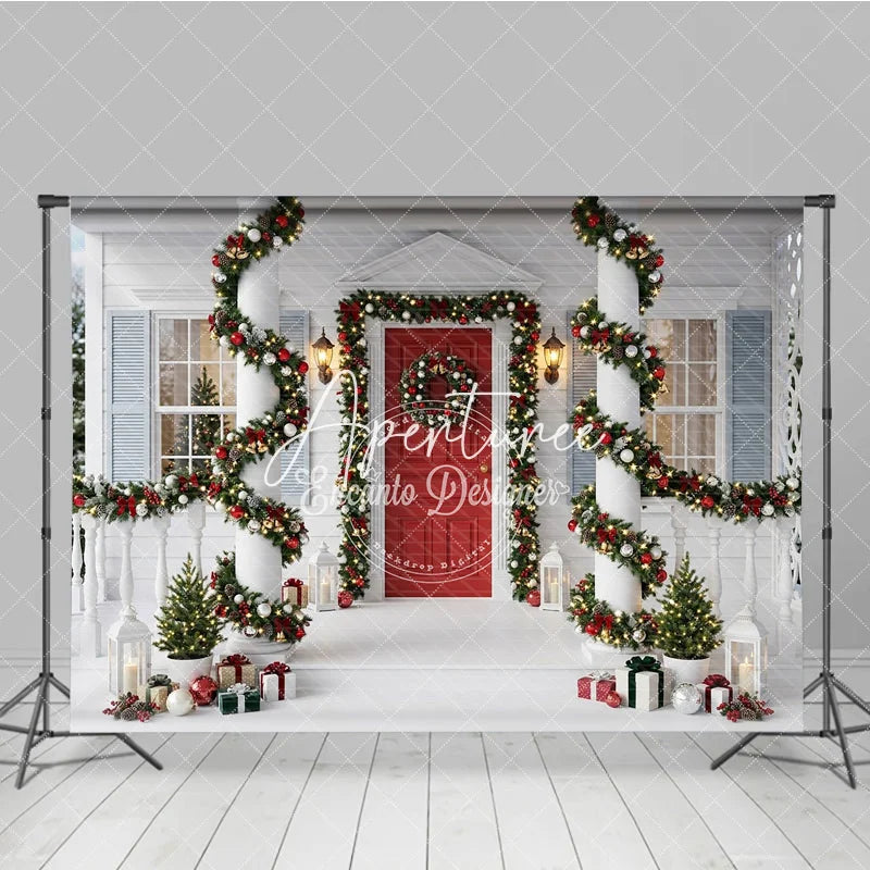 Aperturee - Aperturee Red Door Christmas Holiday Backdrop with Green Garlands Ornaments and String Lights Festive Porch Decor