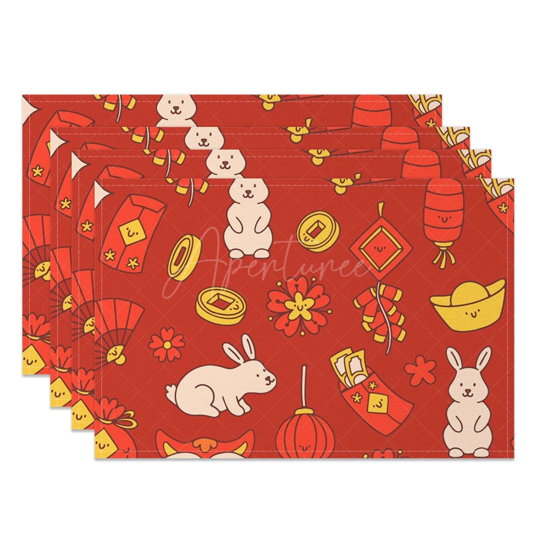 Aperturee - Aperturee Red Festive Gold Rabbit New Year Set Of 4 Placemats