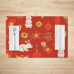 Aperturee - Aperturee Red Festive Gold Rabbit New Year Set Of 4 Placemats